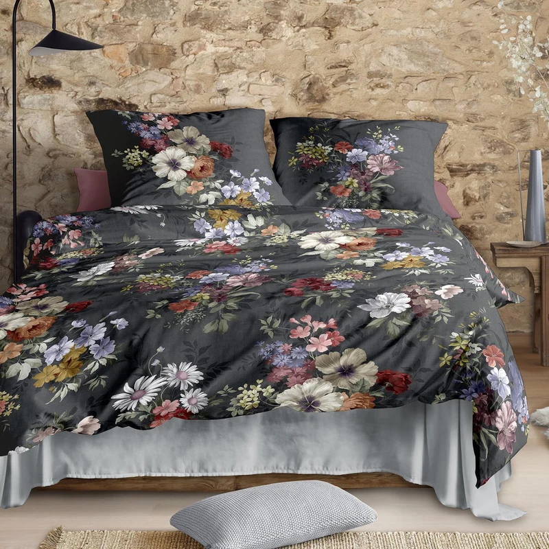 Bettwäsche Flausch Cotton Zobel Anthrazit mit Blumenmuster 135 x 200 cm