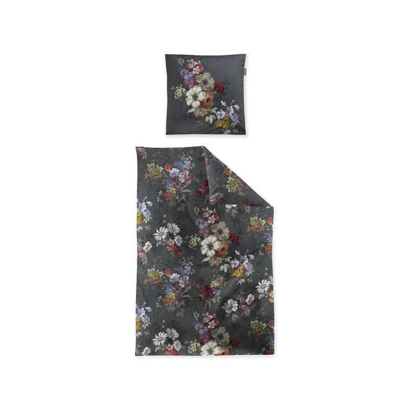 Bettwäsche Flausch Cotton Zobel Anthrazit mit Blumenmuster 135 x 200 cm
