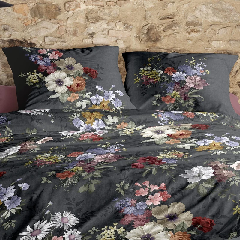 Bettwäsche Flausch Cotton Zobel Anthrazit mit Blumenmuster 135 x 200 cm