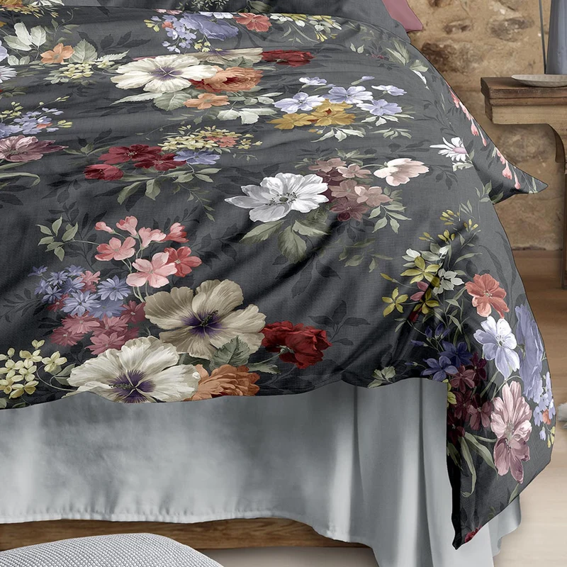 Bettwäsche Flausch Cotton Zobel Anthrazit mit Blumenmuster 135 x 200 cm