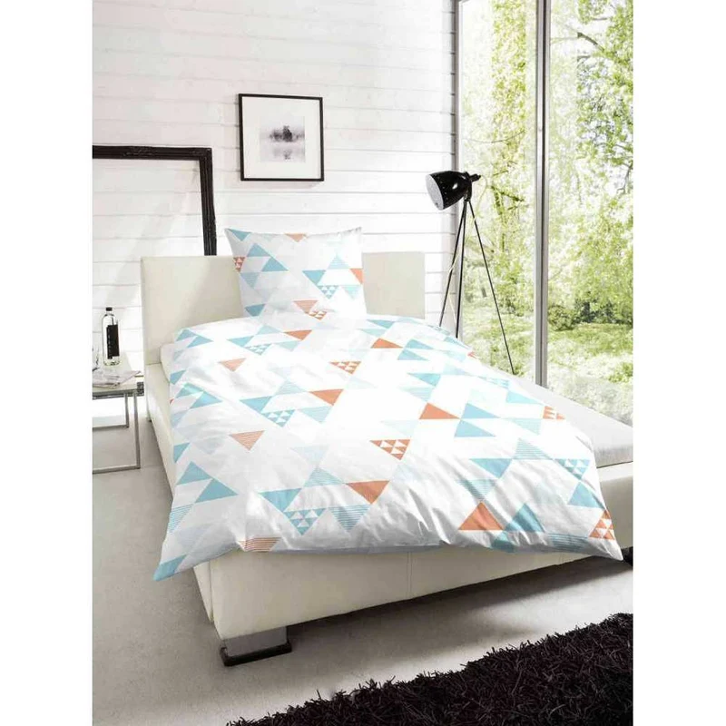 Hahn Microfaser Seersucker Bettwäsche Dreiecke Geometrisch Türkis Orange Weiß 135x200