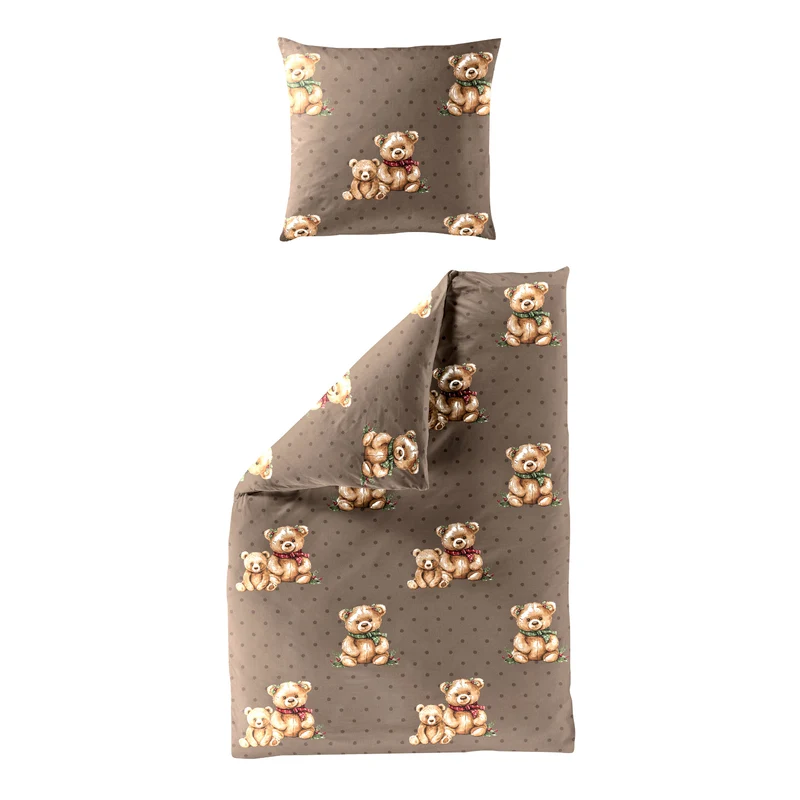Bettwäsche Mako Satin Braun mit Teddybärmotiv 135 x 200 cm