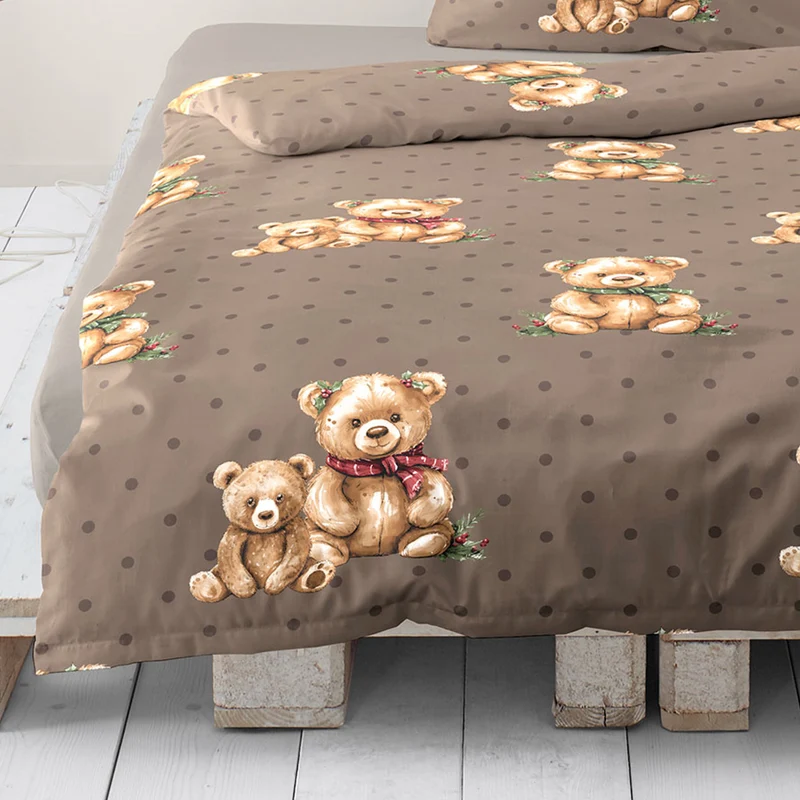 Bettwäsche Mako Satin Braun mit Teddybärmotiv 135 x 200 cm