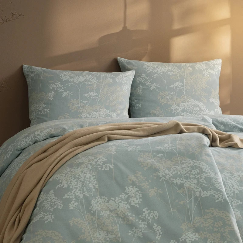 Bettwäsche Flanell Moena Blau mit Blumenmuster 135 x 200 cm