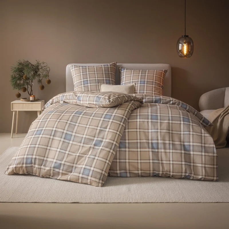 Bettwäsche Flanell Quirin Beige mit Karomuster 135 x 200 cm