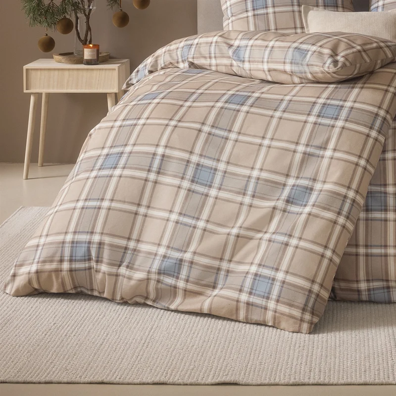Bettwäsche Flanell Quirin Beige mit Karomuster 135 x 200 cm