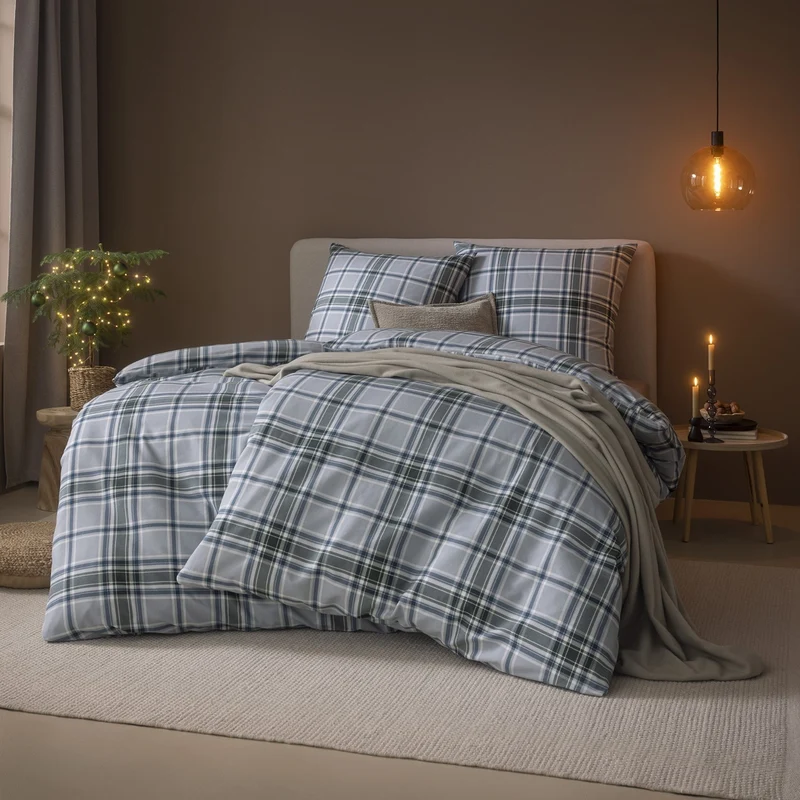 Bettwäsche Flanell Celestia Grau mit Karomuster 155 x 220 cm
