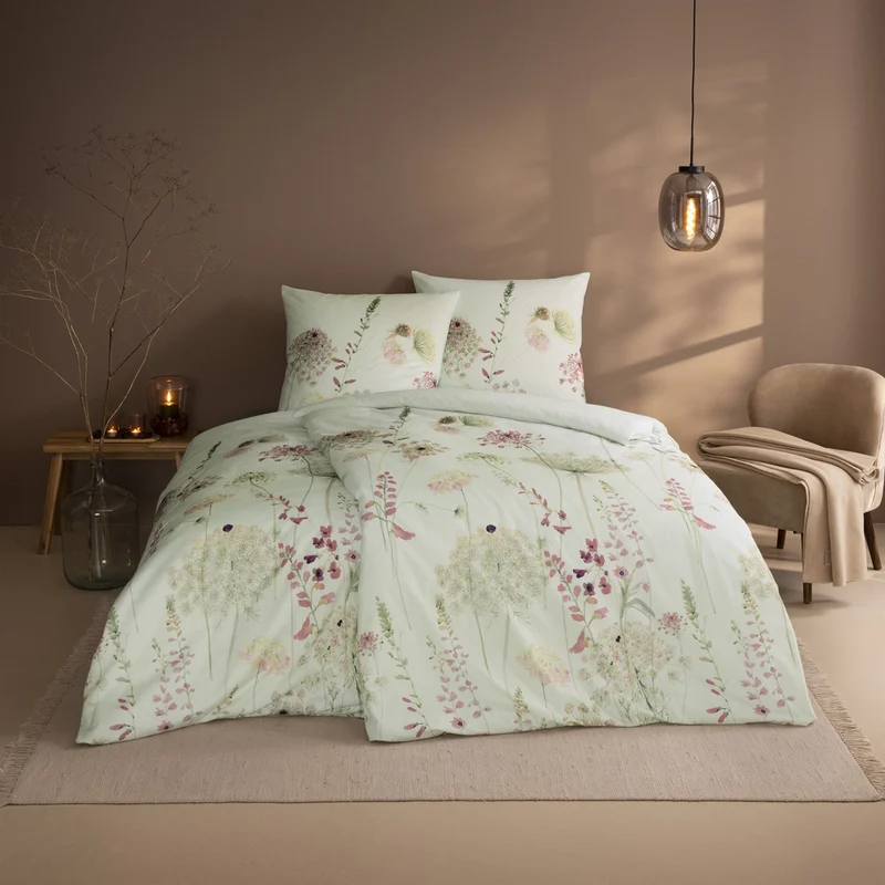 Bettwäsche Flanell Meadow Mint mit Blumenmuster 135 x 200 cm