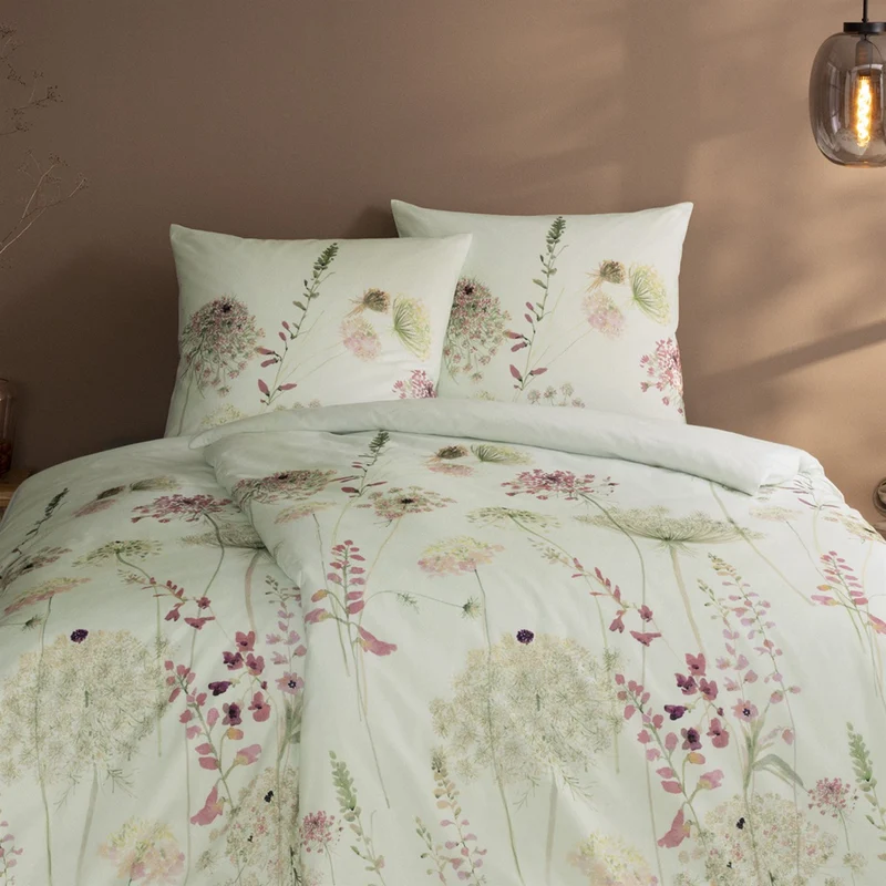 Bettwäsche Flanell Meadow Mint mit Blumenmuster 135 x 200 cm