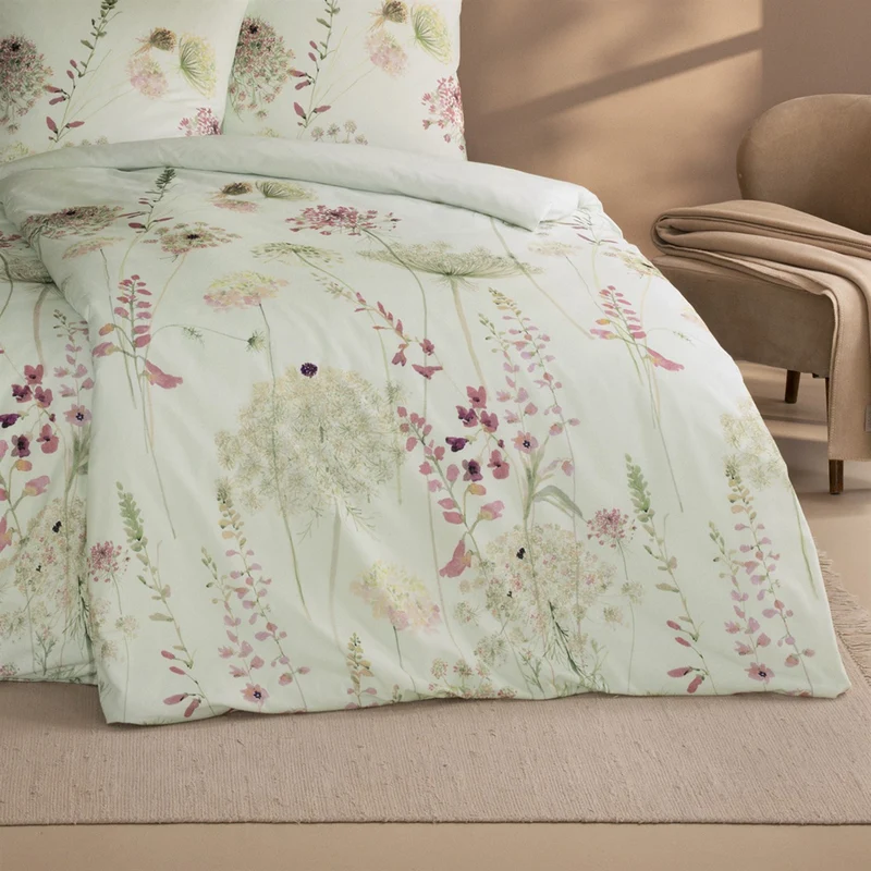 Bettwäsche Flanell Meadow Mint mit Blumenmuster 135 x 200 cm