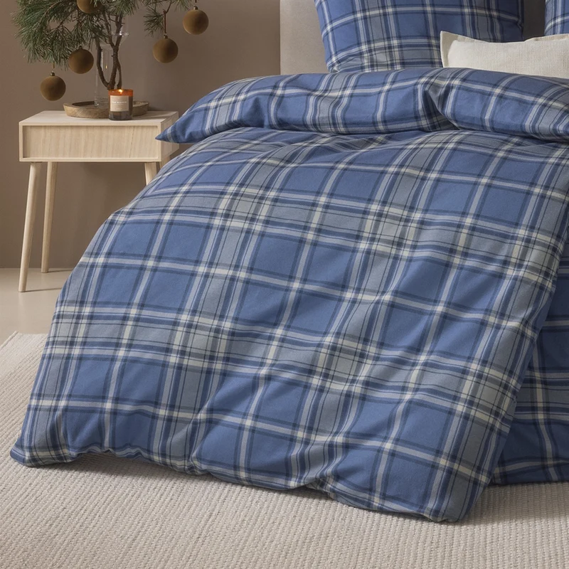Bettwäsche Flanell Quirin Blau mit Karomuster 135 x 200 cm