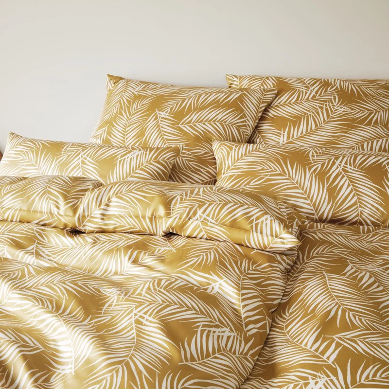 Bettwäsche Mako Satin Maison Leaves Gelb mit Blättermuster 135 x 200 cm