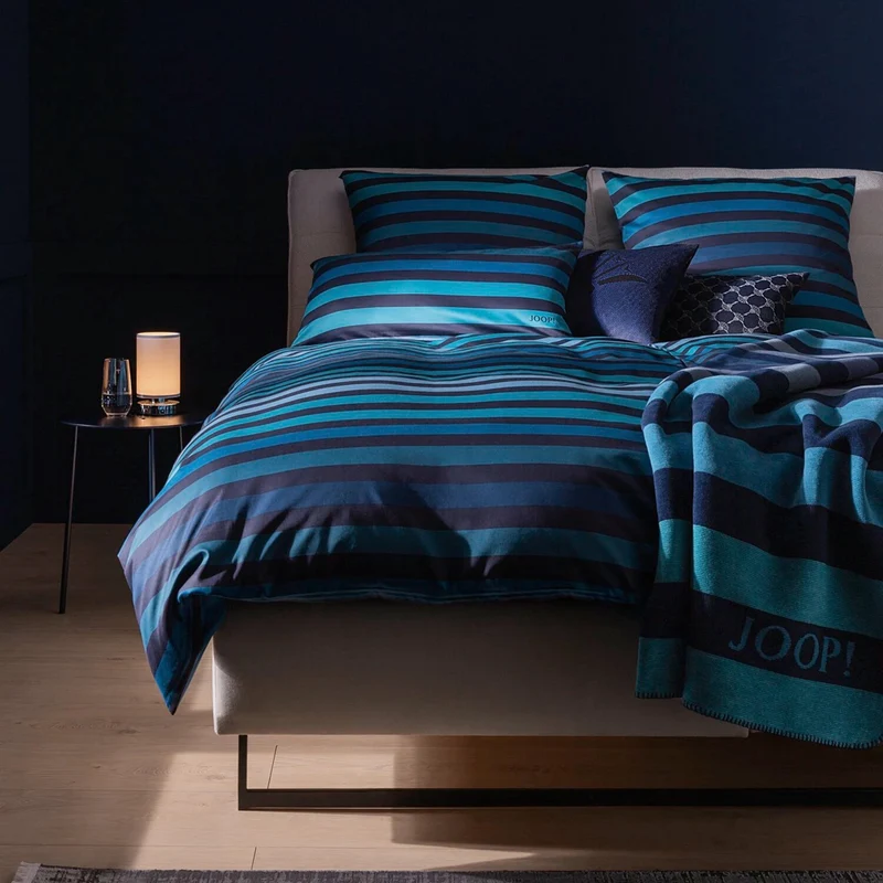 Bettwäsche Mako Satin Tone Blau mit Streifenmuster 135 x 200 cm