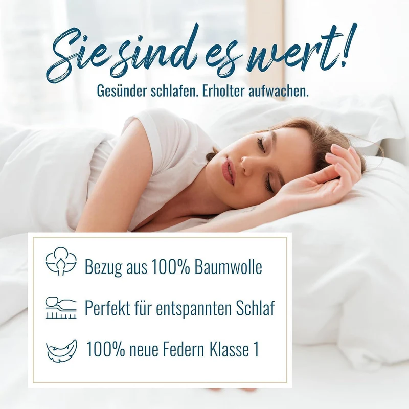 2 Stück Kopfkissen 1100g neue weiße Federn Klasse 1 Daunenpass 80x80