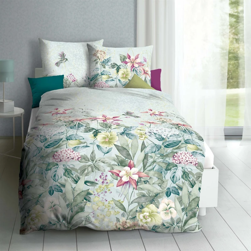 Bettwäsche Mako Satin Ophelia Türkis mit Blumenmuster 135 x 200 cm