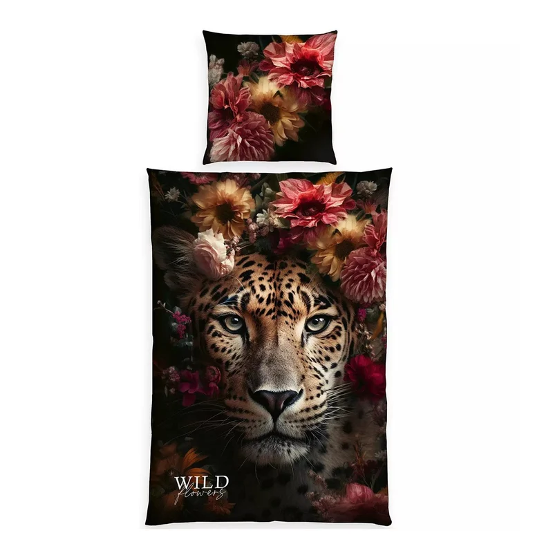 Bettwäsche Renforce Wild Flowers Schwarz mit Leopardenmuster 135 x 200 cm