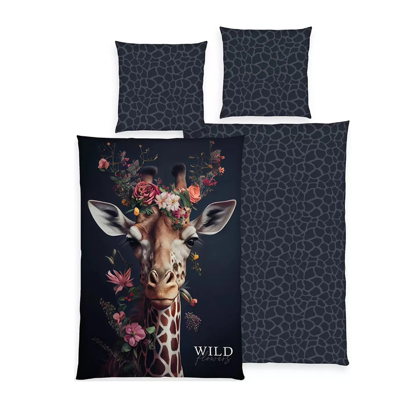 Bettwäsche Renforce Wild Flowers Schwarz mit Giraffenmotiv 135 x 200 cm