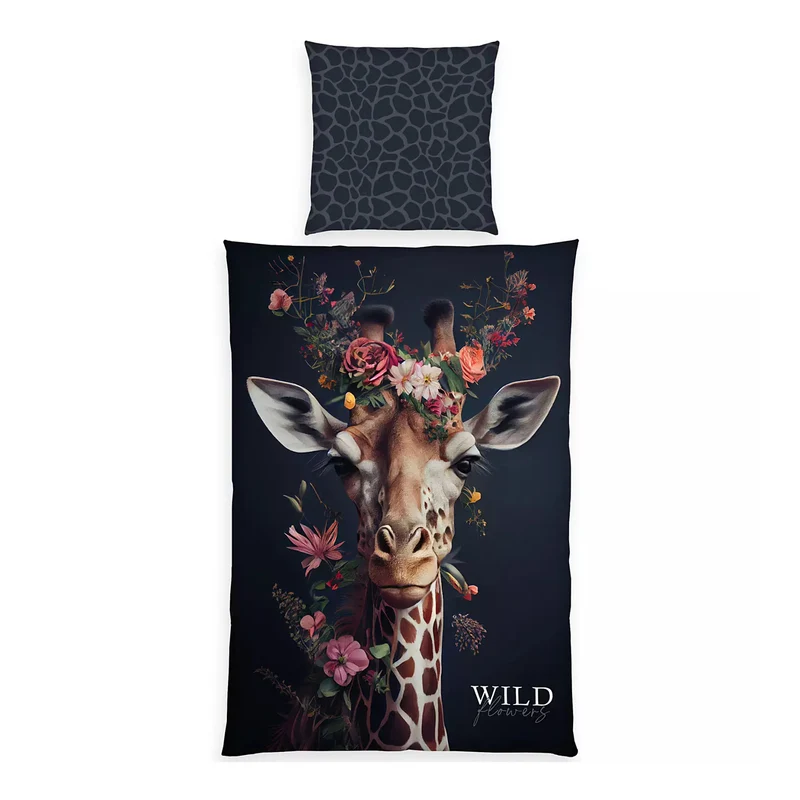 Bettwäsche Renforce Wild Flowers Schwarz mit Giraffenmotiv 135 x 200 cm