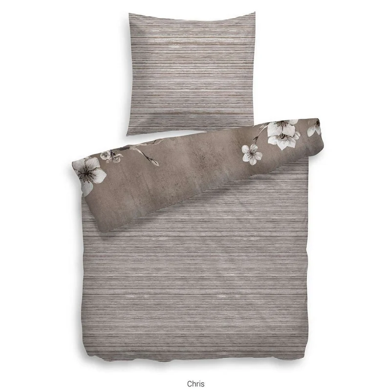 HnL Baumwolle Wende-Bettwäsche Blumen Pfau Chris 135x200 cm + 80x80 cm Taupe