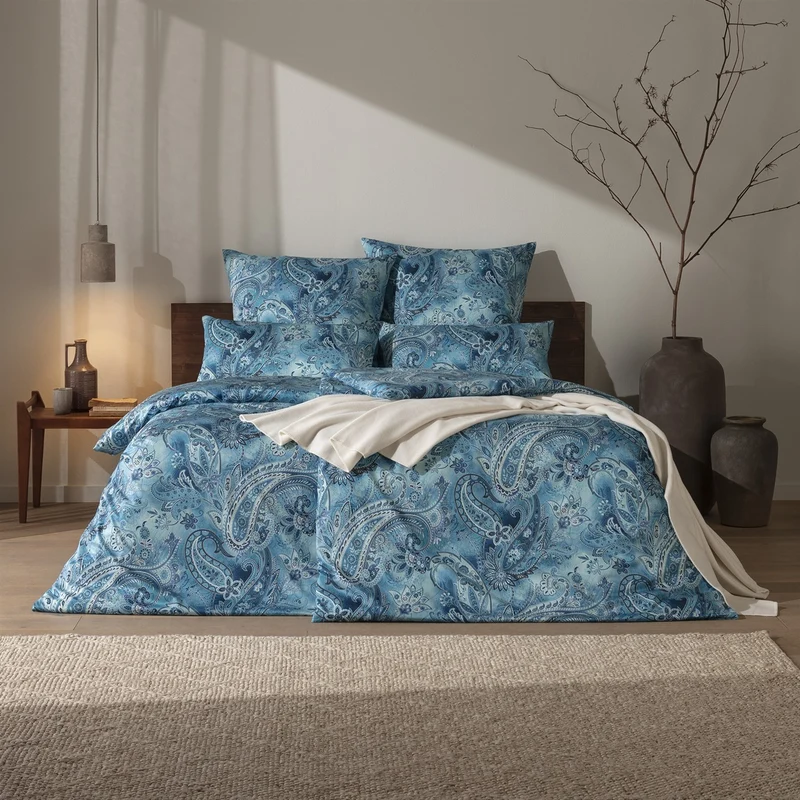 Bettwäsche Mako Satin Rhea Blau mit Paisleymuster 135 x 200 cm