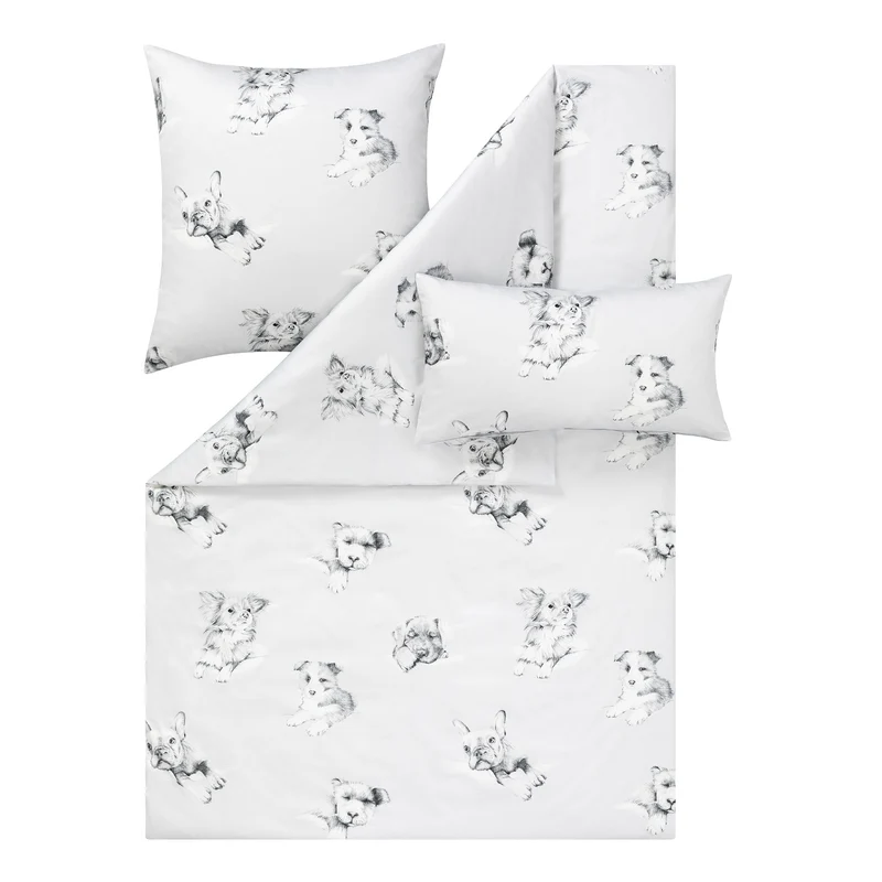 Bettwäsche Mako Satin Dogs Silber mit Hundemotiv 135 x 200 cm