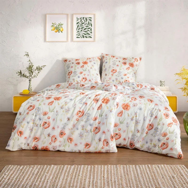 Bettwäsche Interlock Jersey Elysia Creme mit Blumenmuster 135 x 200 cm