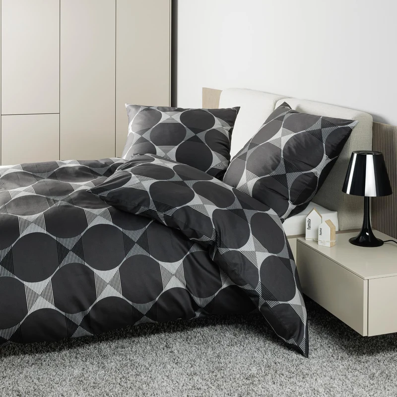 Bettwäsche Mako Satin J.D Anthrazit mit geometrischem Muster 155 x 220 cm