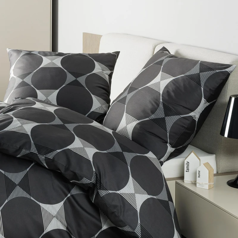 Bettwäsche Mako Satin J.D Anthrazit mit geometrischem Muster 155 x 220 cm