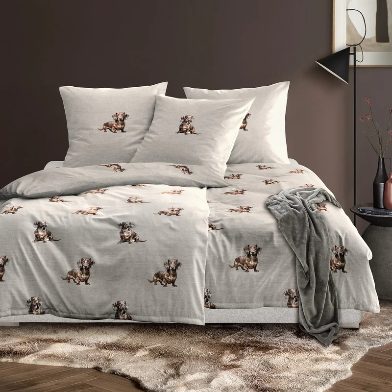 Bettwäsche Flausch Cotton Zobel Natur mit Dackelmotiv 135 x 200 cm