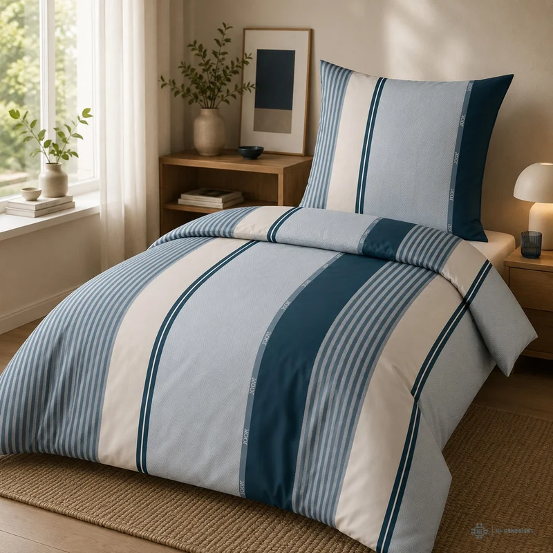 Bettwäsche Mako Satin Herringbone Stripes Blau mit Streifenmuster 135 x 200 cm