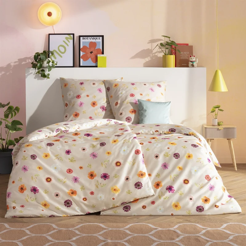 Bettwäsche Mako Satin Adara Beige mit Blumenmuster 135 x 200 cm
