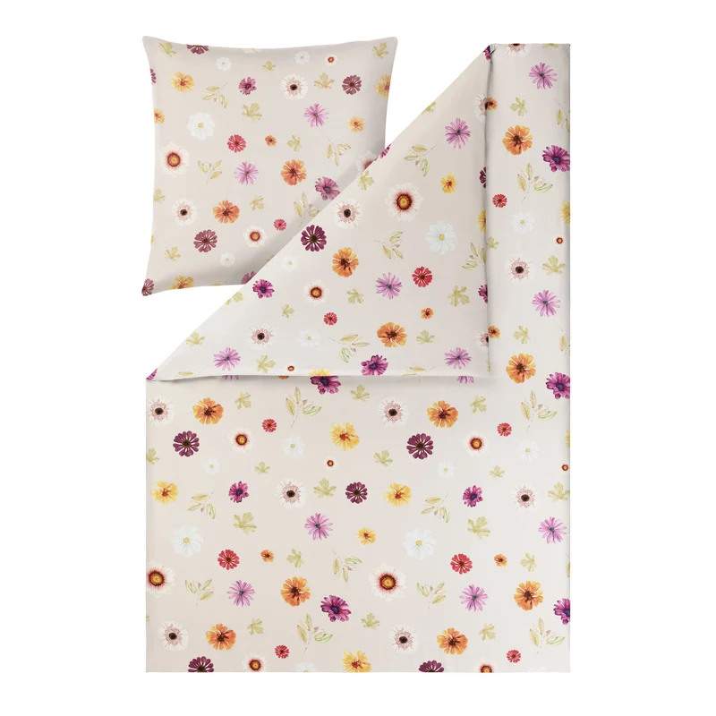 Bettwäsche Mako Satin Adara Beige mit Blumenmuster 135 x 200 cm