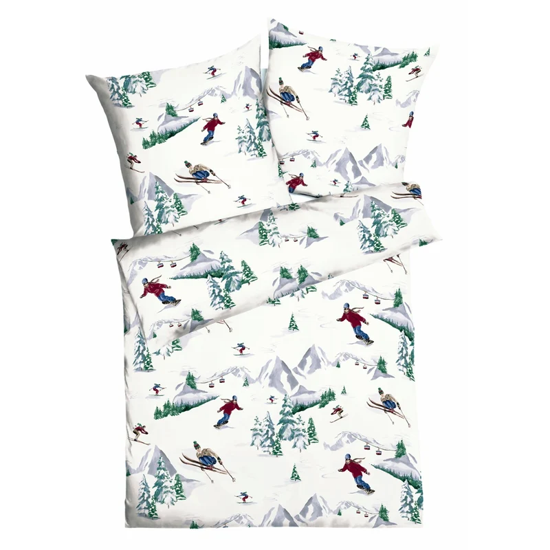 Bettwäsche Mako Satin Alpin Allover Grün mit Skiläufermotiv 135 x 200 cm