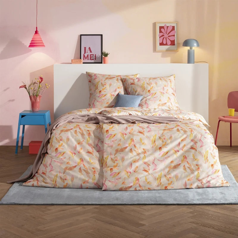 Bettwäsche Mako Satin Tabby Beige mit Blättermuster 135 x 200 cm