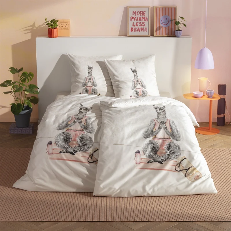 Bettwäsche Mako Satin Lamaste Natur mit Tiermotiven 135 x 200 cm