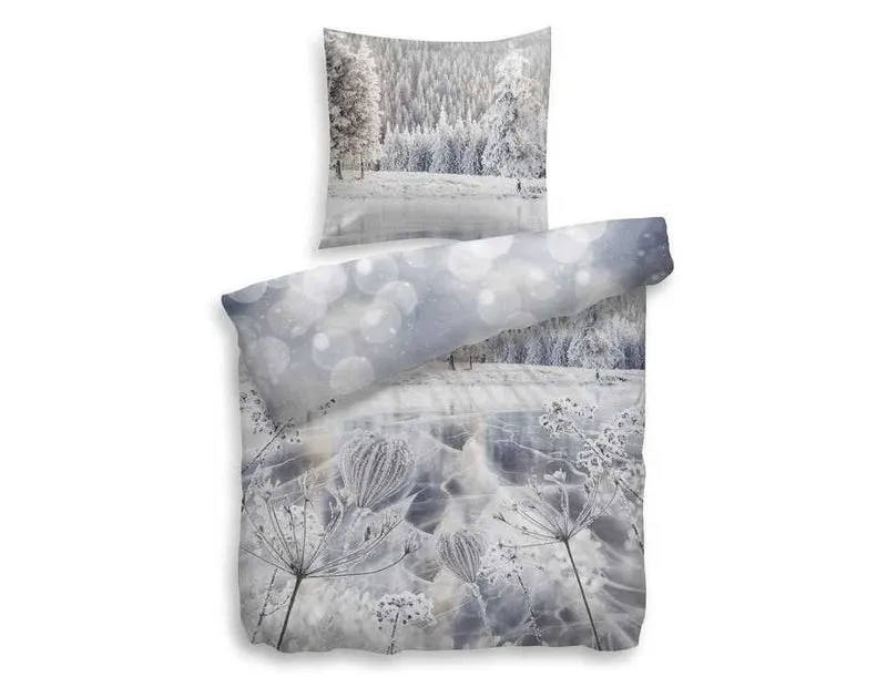 HnL Satin Wende-Bettwäsche Schneelandschaft Olin Blau
