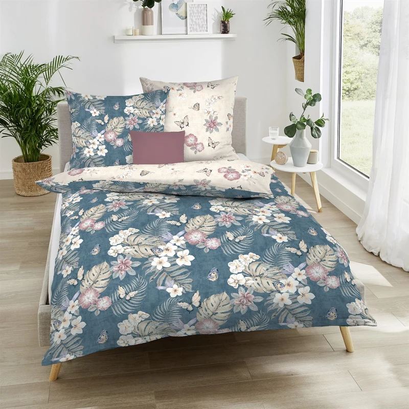 Bettwäsche Mako Satin Pina Colada Blau mit Blumenmuster 135 x 200 cm