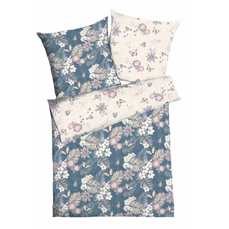 Bettwäsche Mako Satin Pina Colada Blau mit Blumenmuster 135 x 200 cm