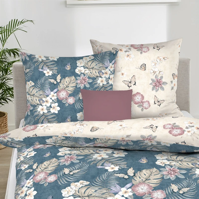 Bettwäsche Mako Satin Pina Colada Blau mit Blumenmuster 135 x 200 cm
