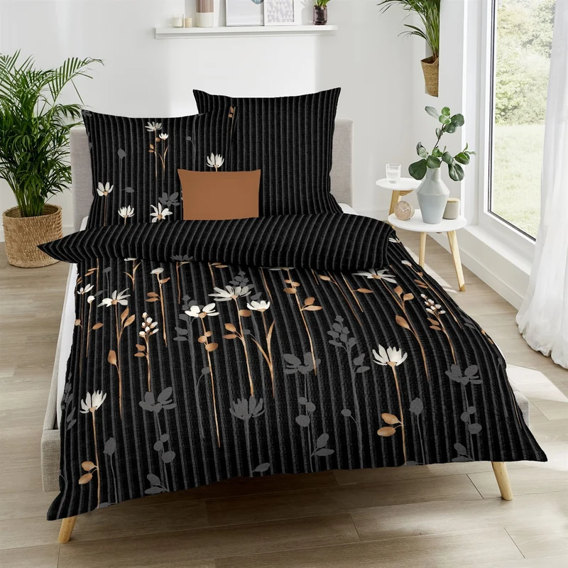 Bettwäsche Mako Satin Floral Stripes Schwarz mit Blumenmuster 135 x 200 cm