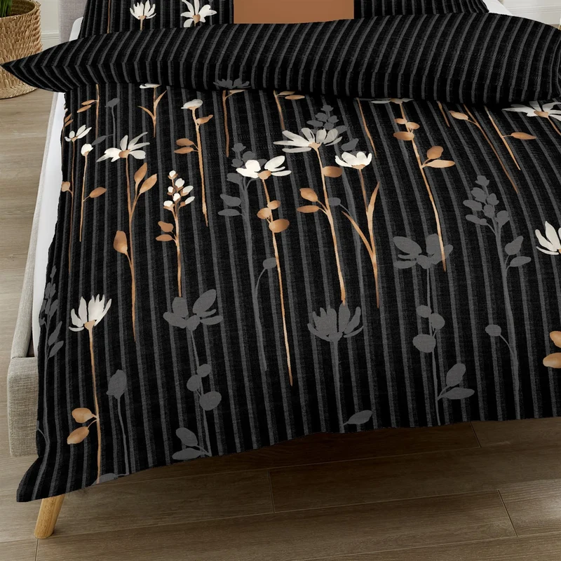 Bettwäsche Mako Satin Floral Stripes Schwarz mit Blumenmuster 135 x 200 cm