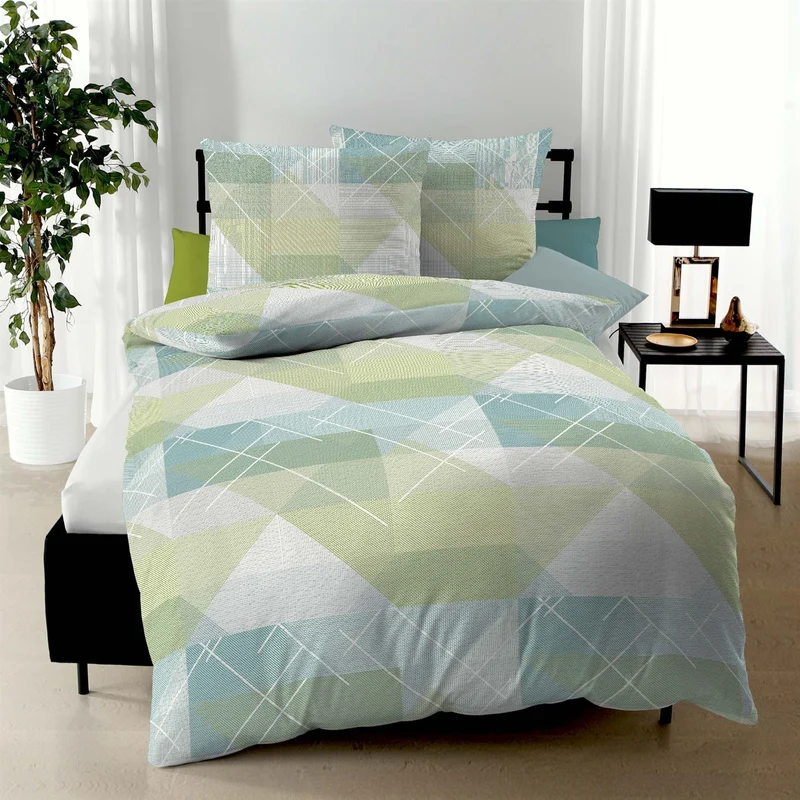 Bettwäsche Seersucker Linear Allover Grün mit geometrischem Muster 135 x 200 cm