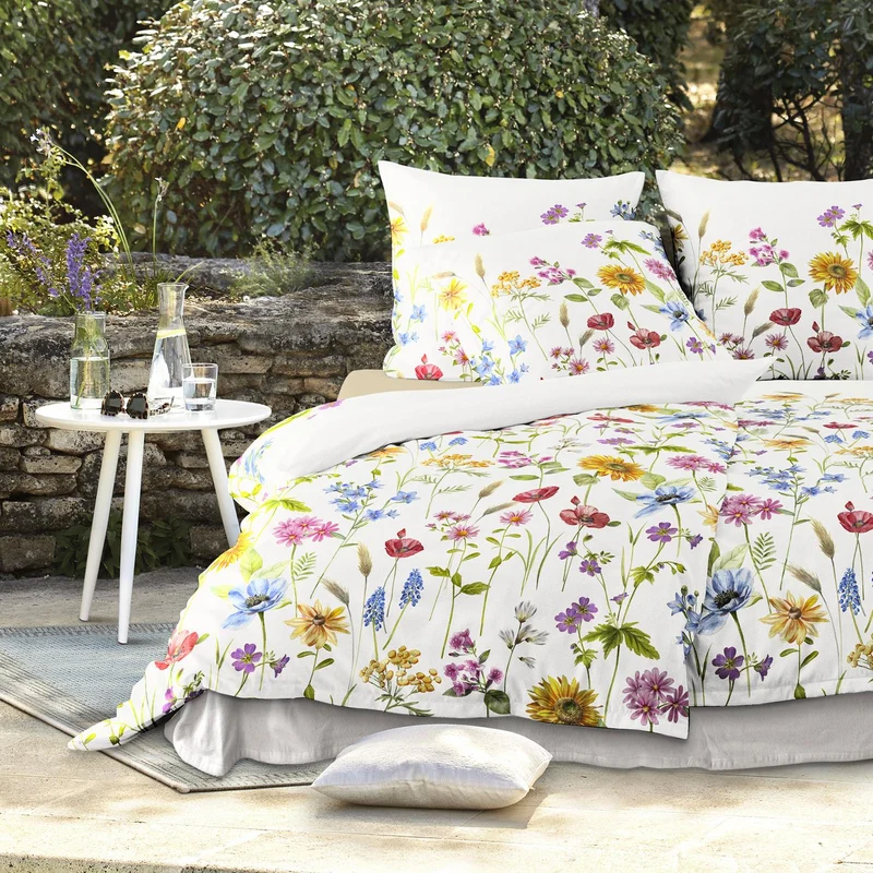 Bettwäsche Mako Satin Wave Weiß mit Blumenmuster 135 x 200 cm