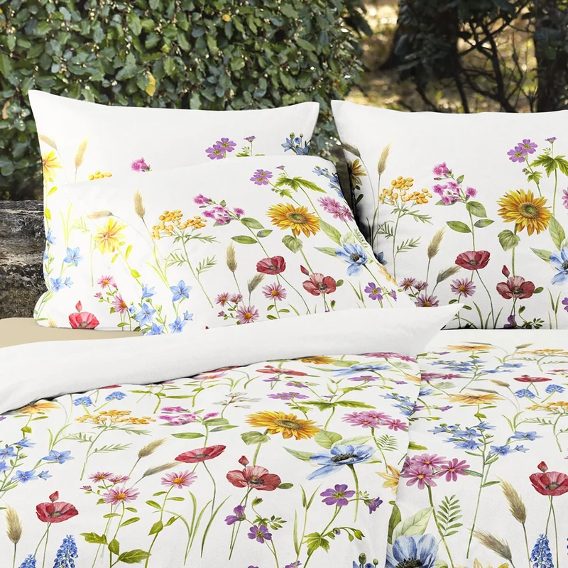 Bettwäsche Mako Satin Wave Weiß mit Blumenmuster 135 x 200 cm