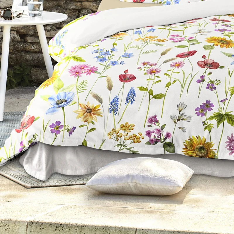 Bettwäsche Mako Satin Wave Weiß mit Blumenmuster 135 x 200 cm