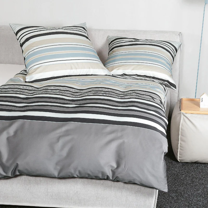 Bettwäsche Mako Satin Palermo Grau mit Streifenmuster 135 x 200 cm