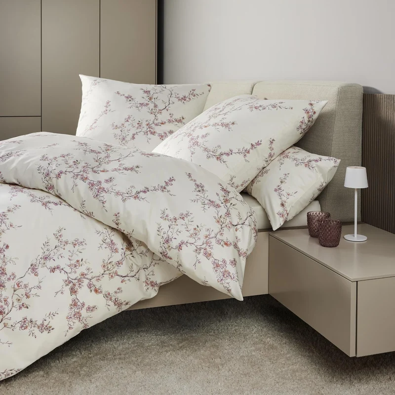 Bettwäsche Mako Satin Milano Weiß mit Blumenmuster 135 x 200 cm