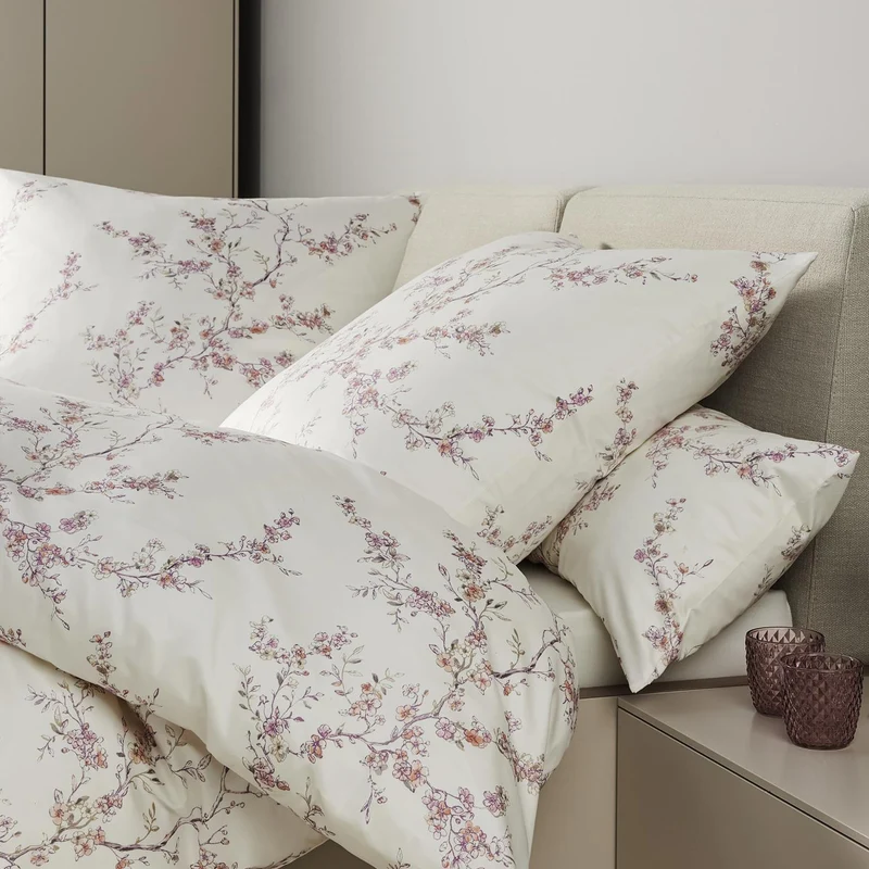 Bettwäsche Mako Satin Milano Weiß mit Blumenmuster 135 x 200 cm