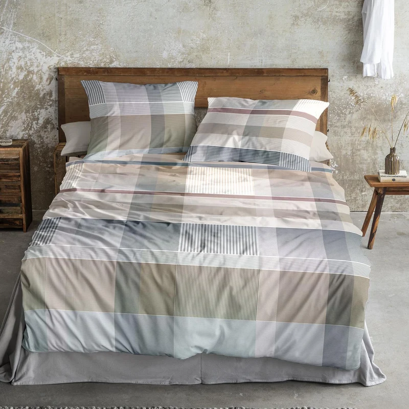 Bettwäsche Mako Satin Wave Natur mit Karomuster 135 x 200 cm