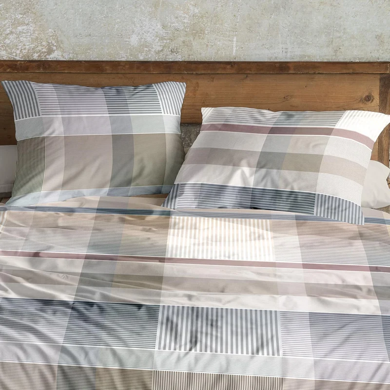 Bettwäsche Mako Satin Wave Natur mit Karomuster 135 x 200 cm
